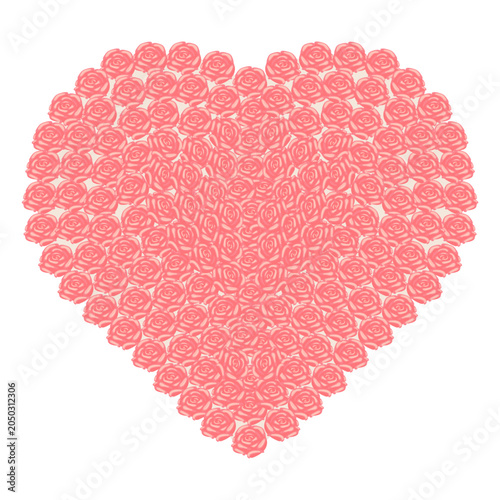 A heart-shaped arrangement of soft pink, lush roses. Vector illustration isolated on a white background.