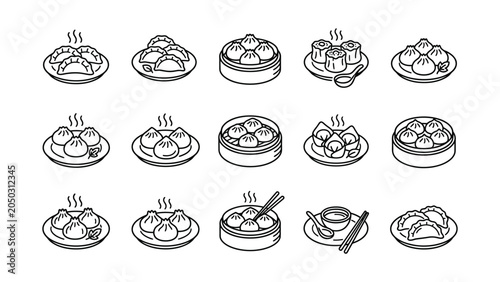 Bild auf Leinwand Set of hand drawn dim sum and dumplings icons.