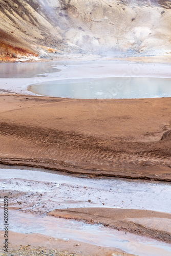 vertical photography of boiling water pool in Seltun, a geothermal area in Reykjanes Peninsula in Iceland on a spring day