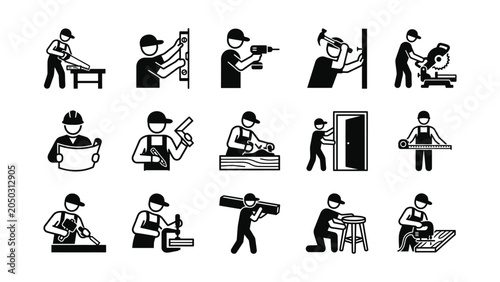 Foto Set of black and white carpenter and construction worker icons.
