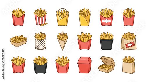 Canvas Print Set of various French fries in different packaging and containers