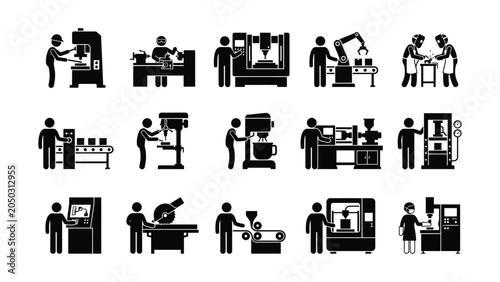 Quadro su tela Set of industrial manufacturing factory workers and machinery icons