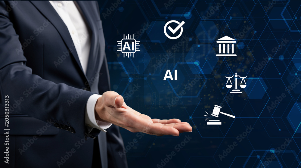 Obraz premium Businessman holding AI text with chip, checkmark, courthouse, scales of justice and gavel icons representing artificial intelligence regulation, legal compliance, and responsible AI governance on futu