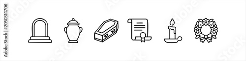 Foto Set of funeral line icons including tombstone, urn, coffin, certificate, candle, and wreath