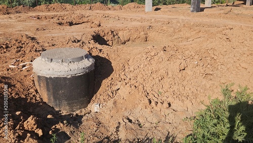 Construction stage of septic system and sewer well for residential home, underground utility installation, building site infrastructure development