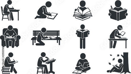 Schilderij op canvas Diverse Reading and Studying Icon Set: People engaged in learning and knowledge
