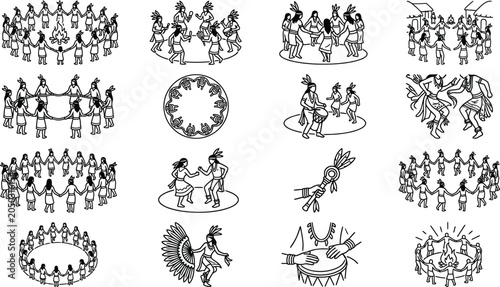 Schilderij op canvas Indigenous People Dancing in Circle - Traditional Cultural Celebration Vector Ar