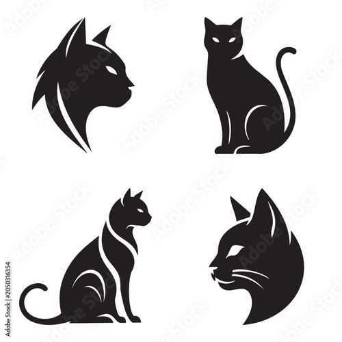 Minimalist black cat silhouettes and head vector icons set