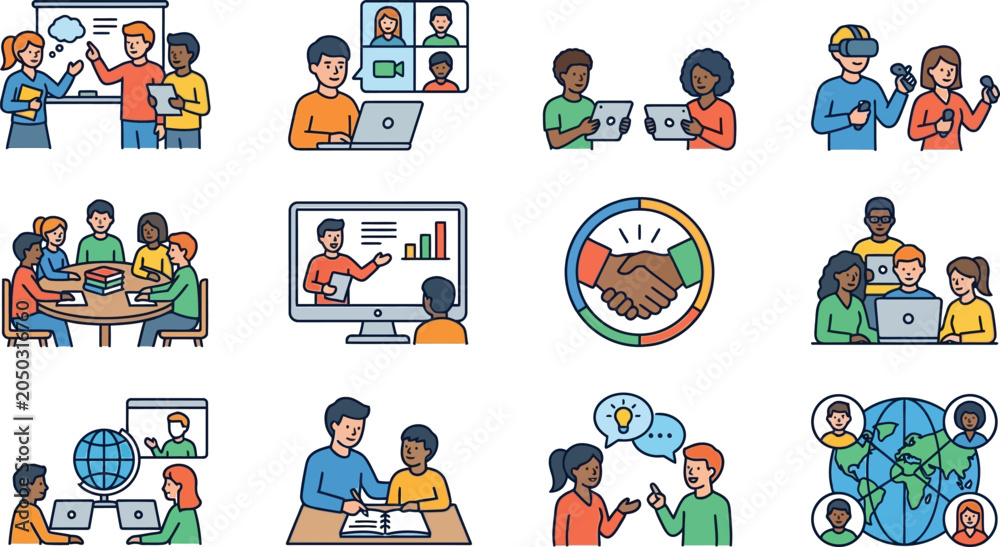 Fototapeta premium Diverse Teamwork and Collaboration Icons: Online Learning, VR, Meetings, Global Connections