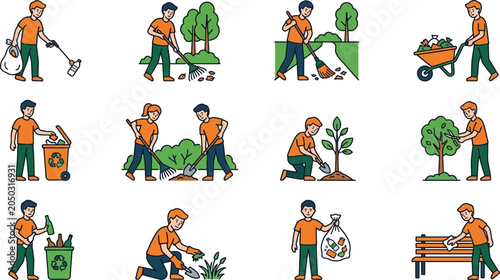 Tableau sur toile Eco-friendly community cleaning and gardening vector icons set.