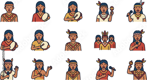 Bild auf Leinwand Indigenous People Icons: Singing, Drumming, Shaking Maracas, Microphone