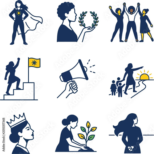 Schilderij op canvas Diverse Women Empowerment Icons: Superwoman, Laurel Wreath, Victory, Leadership,