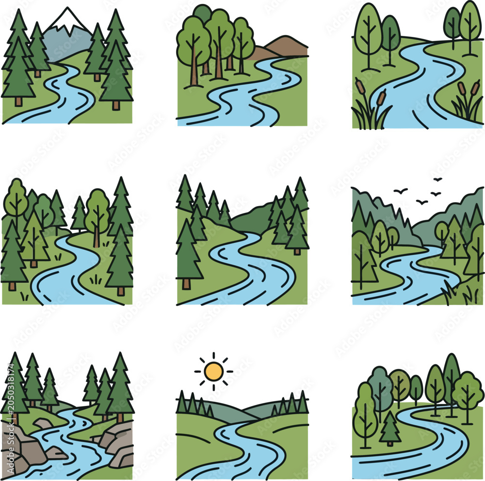 Obraz premium Nature Landscape Vector Icons: Forest River, Mountains, Hills, Sun, Trees, Stream