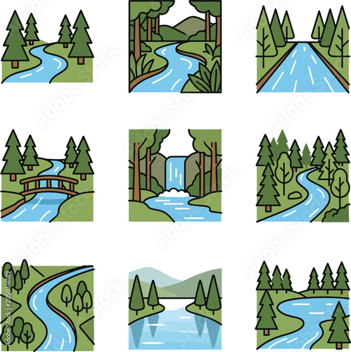 Foto Collection of cartoon forest and river landscapes, nature scenes, trees, water,