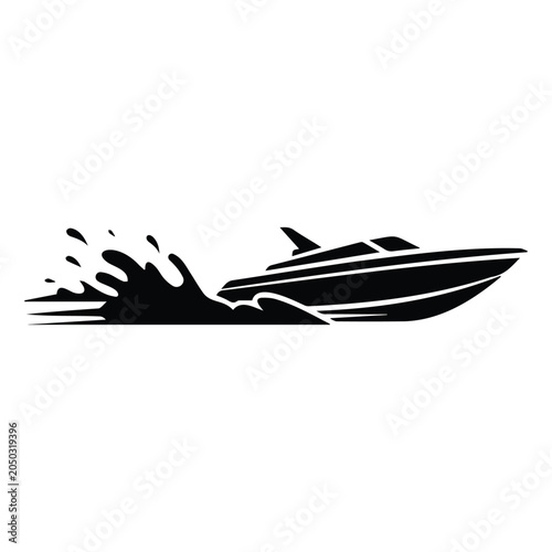 Speedboat moving fast through ocean waves with water splashes silhouette for racing vector.