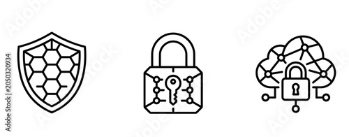 Obraz na płótnie Description: A tech-focused outline icon set representing cybersecurity, data protection, and digital privacy