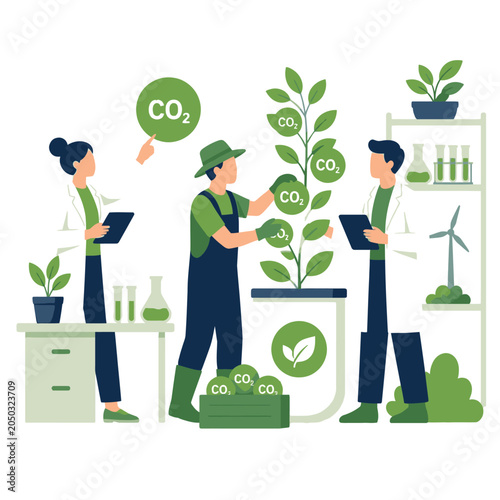 Sustainability researchers planting trees with CO2 icons.