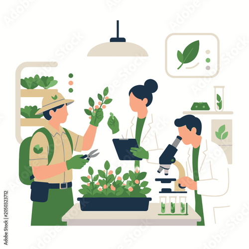 Plant research in home garden with scientist microscope and watering.