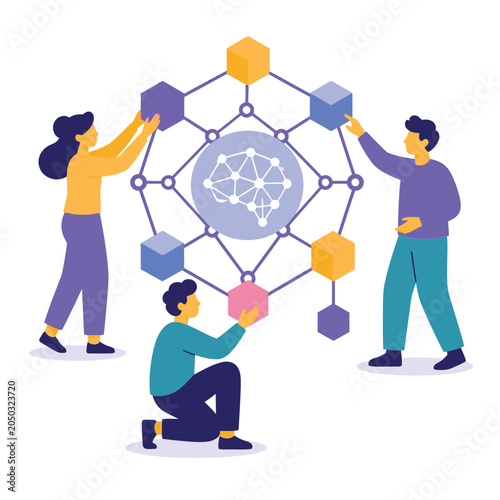 Team collaboration around futuristic network diagram illustration.