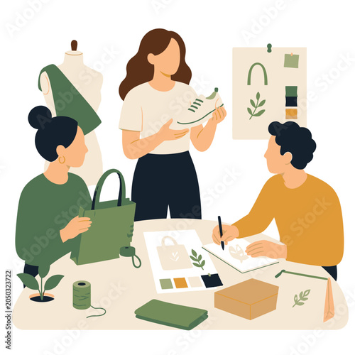 Team collaboration at desk with planning and design illustration.