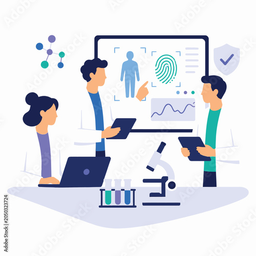 Team collaborating on digital healthcare dashboard illustration.