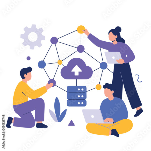Team building AI cloud network illustration concept.
