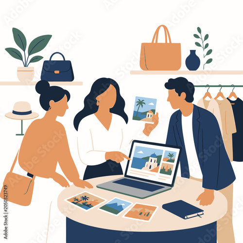 Team collaboration with laptop and eco shopping theme.