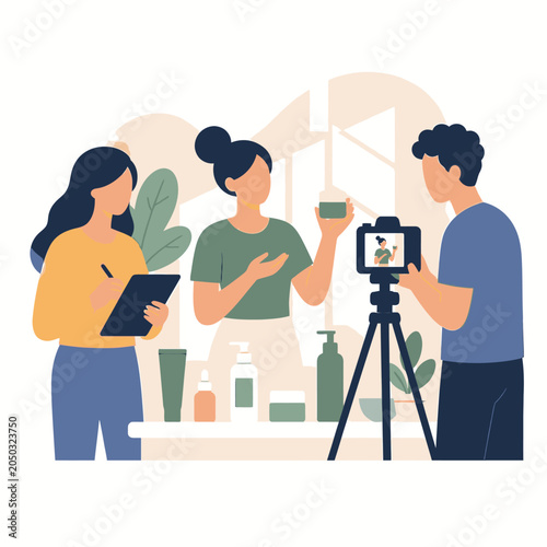 Video production team filming a vlog with camera tripod.