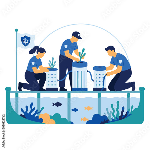 Aquarium caretakers cleaning fish tank with tools.