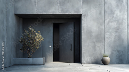 Minimalist concrete entrance with large dark pivot door featuring a potted olive tree and clean architectural lines creating a modern brutalist facade for a luxury home