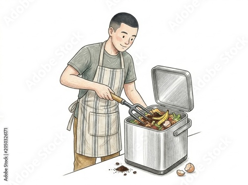 Person using a garden pitchfork to mix organic food scraps and vegetable peels inside a compost bin. Sustainable organic recycling, zero-waste lifestyle, and soil fertilizing.