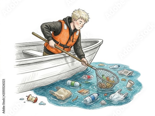 Volunteer in a life vest using a dip net to scoop plastic bottles and garbage from the water into a boat. Waterway cleanup, environmental pollution control concept illustration.