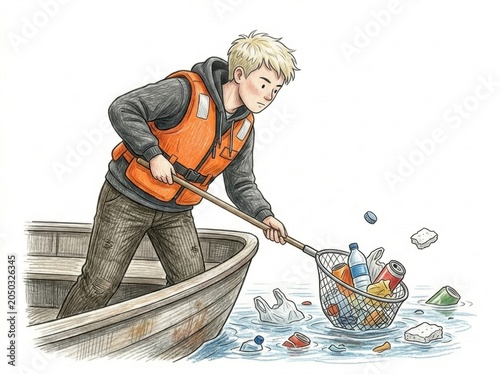 Volunteer in a life vest using a dip net to scoop plastic bottles and garbage from the water into a boat. Waterway cleanup, environmental pollution control concept illustration.