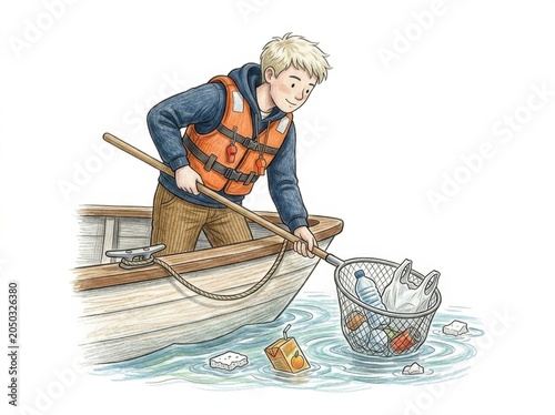 Volunteer in a life vest using a dip net to scoop plastic bottles and garbage from the water into a boat. Waterway cleanup, environmental pollution control concept illustration.