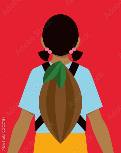 Child Labor in Cocoa Plantations: Schoolbag Replaced by a Cocoa Pod - Red Background