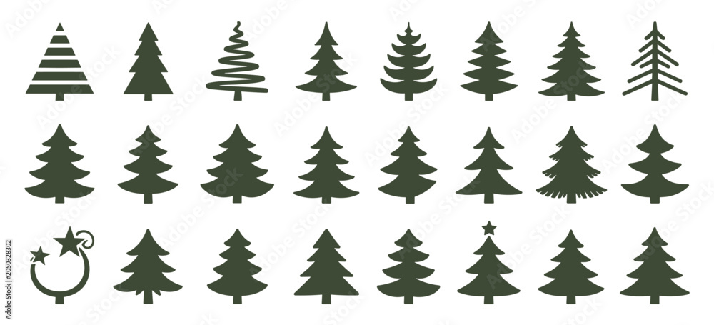 Fototapeta premium Collection of diverse dark green christmas tree silhouettes on white background evergreen pine tree fir tree