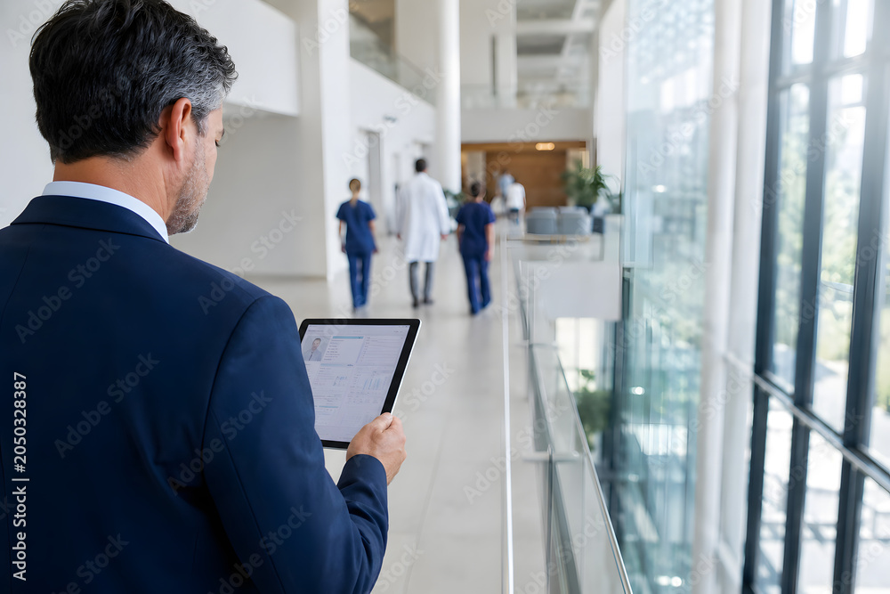 Fototapeta premium Healthcare administrator reviewing secure digital patient records on a tablet in a modern hospital corridor, highlighting healthcare digitalization, data security and efficient medical operations. 