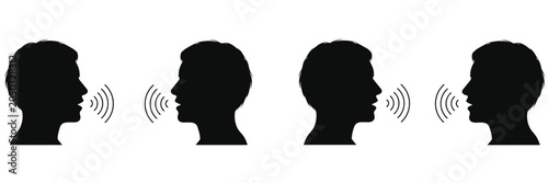 Fotografija Four black silhouette profiles of human heads with sound waves emanating from mo