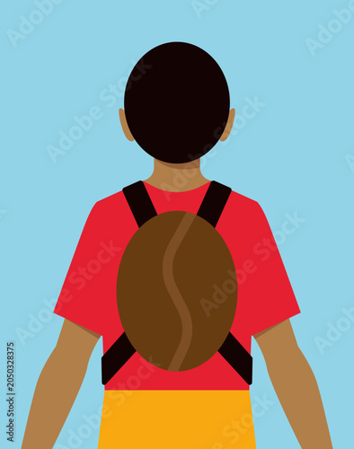 Child Labor in Coffee Plantations: Child Carrying a Coffee Bean Instead of a School Bag - Blue Background