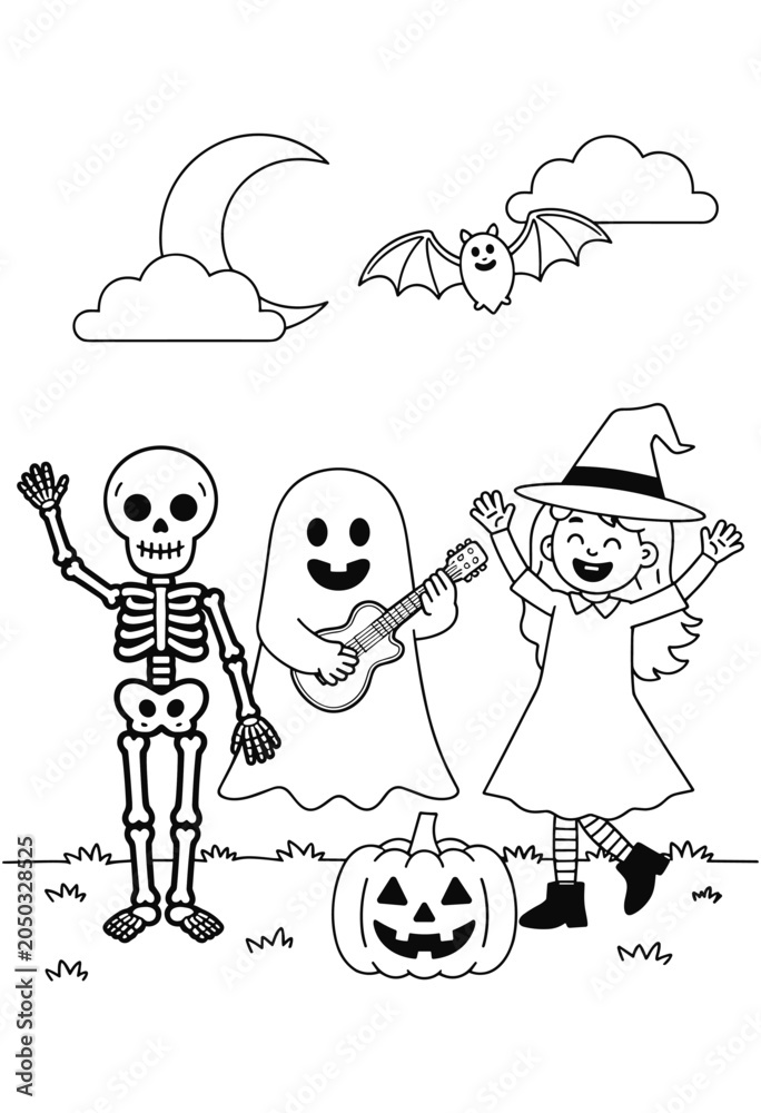 Naklejka premium Halloween characters skeleton ghost witch bat pumpkin moon clouds line