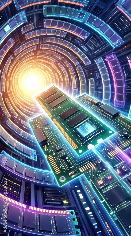 Fototapeta premium Computer memory modules moving through glowing data tunnel. High-speed processing and server infrastructure concept.