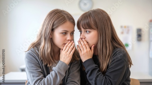 Schoolgirls whispering and sharing secrets in a classroom. Peer communication and social interaction in educational setting.