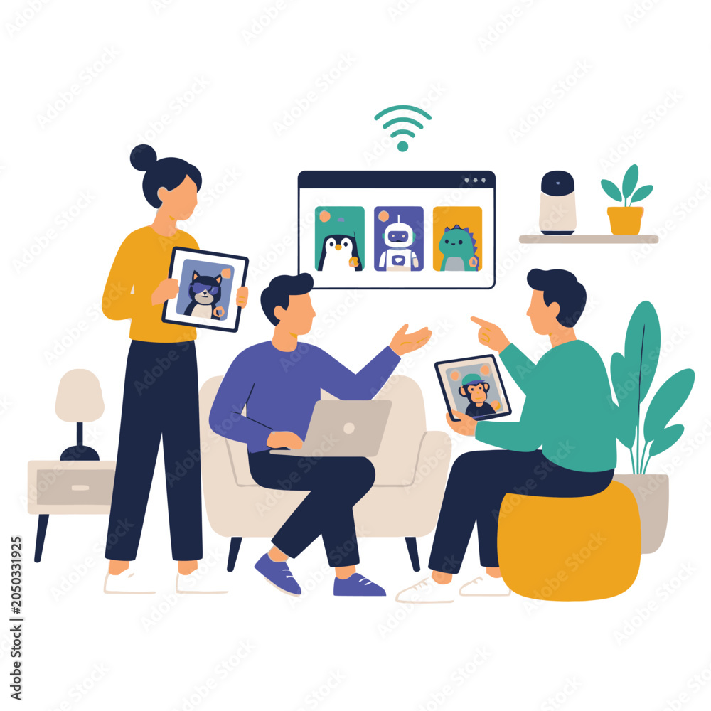 Fototapeta premium Online collaboration team using devices and wifi illustration.