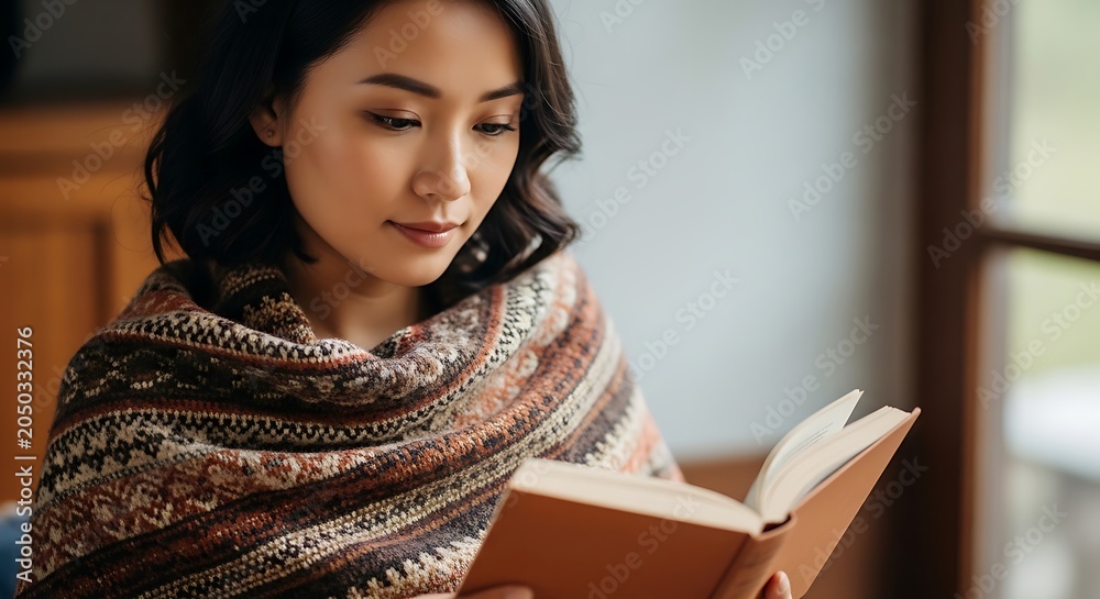 Naklejka premium Young woman in traditional patterned sweater indoors.