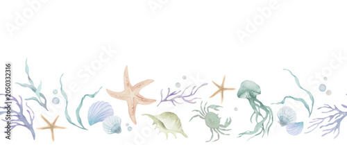 📝 Title (Название до 150 символов)
Watercolor marine seamless border, ocean underwater life repeat pattern with jellyfish, crab, starfish, seashell, seaweed and coral summer clipart. Vector EPS.
