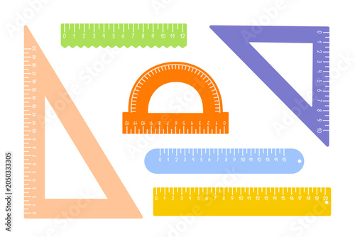 School rulers set, triangular, protractor measuring instruments for maths lessons hand drawn colorful vector illustration, back to school vocabulary object, centimetre scale doodle clipart