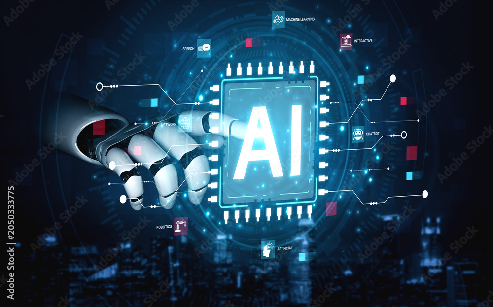 Obraz premium A generative AI assistant presents a diagram of its core capabilities. This includes its foundation in machine learning, robotics, and interactive chatbot technology. Fermion