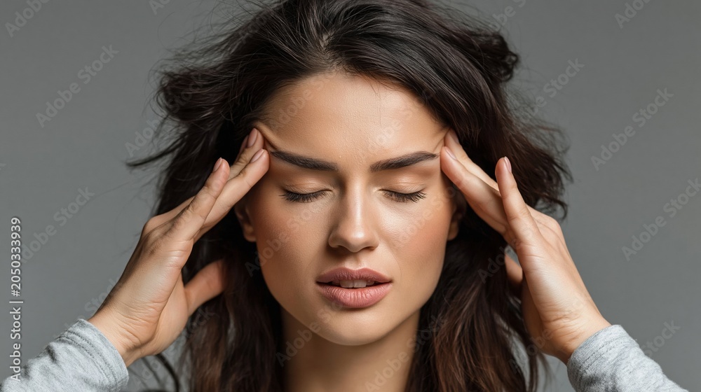 Fototapeta premium Stress and headache relief, a woman experiencing migraine or tension. The young adult female has her eyes closed and hands pressed to her temples, conveying discomfort and the need for relief.