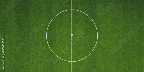 Foto Soccer field center circle with lines aerial view of green grass texture footbal