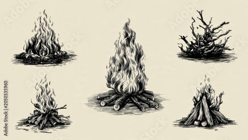 Vintage Sketch of Campfires and Bonfires
